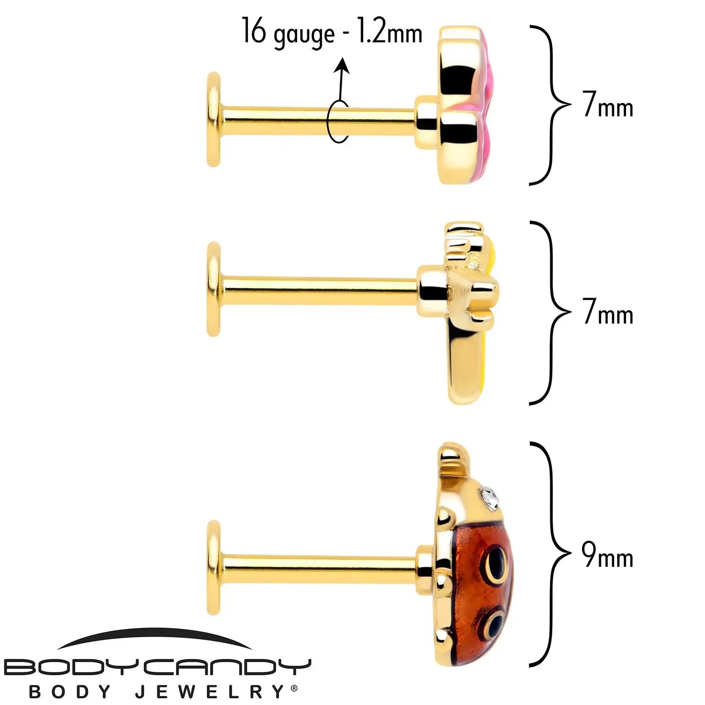 16G 5/16 Clear Gem Gold Tone Ladybug Lotus Labret Tragus Set of 3 - BodyCandy - Flyclothing LLC
