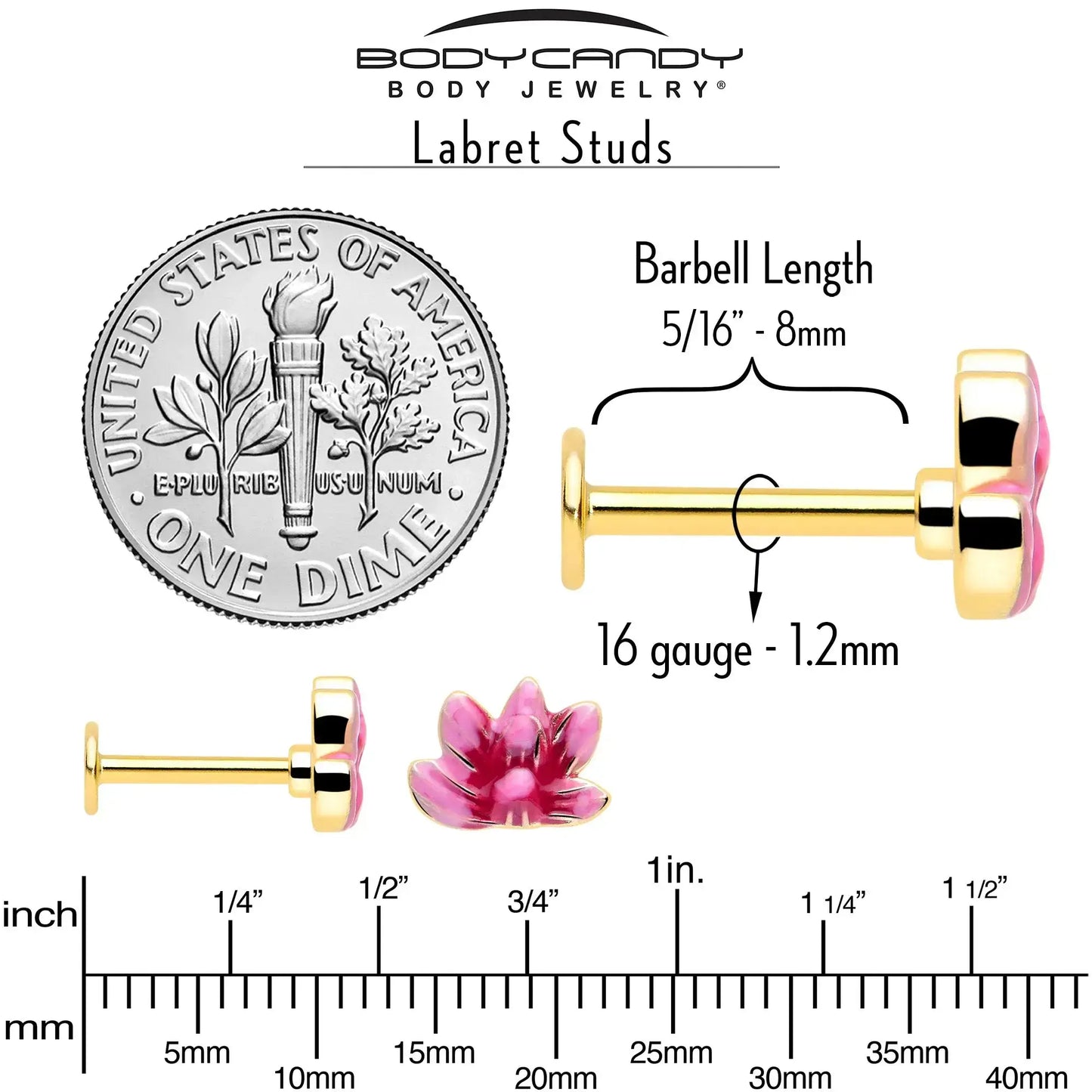 16G 5/16 Clear Gem Gold Tone Ladybug Lotus Labret Tragus Set of 3 - BodyCandy - Flyclothing LLC