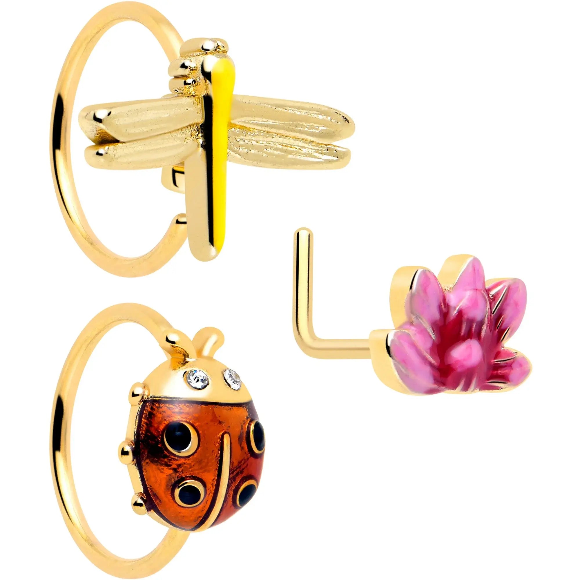 20G Clear Gem Gold Tone Lotus Ladybug L Shape Nose Hoop Set of 3 - BodyCandy - Flyclothing LLC