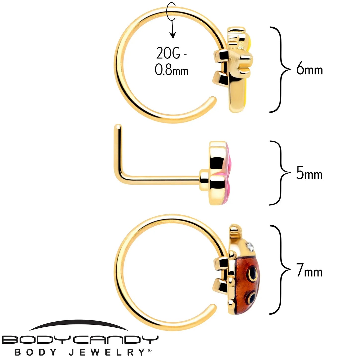 20G Clear Gem Gold Tone Lotus Ladybug L Shape Nose Hoop Set of 3 - BodyCandy - Flyclothing LLC