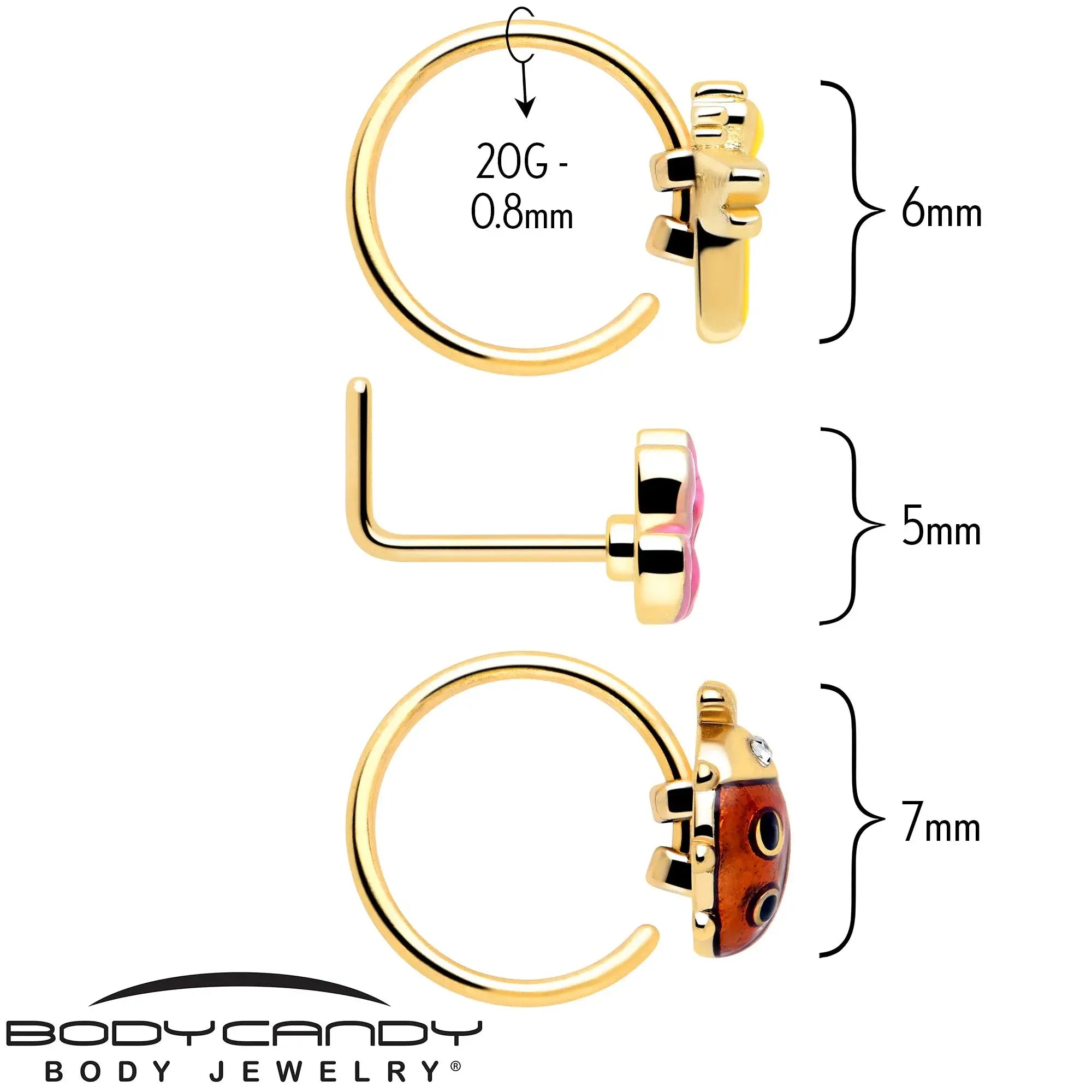 20G Clear Gem Gold Tone Lotus Ladybug L Shape Nose Hoop Set of 3 - BodyCandy - Flyclothing LLC