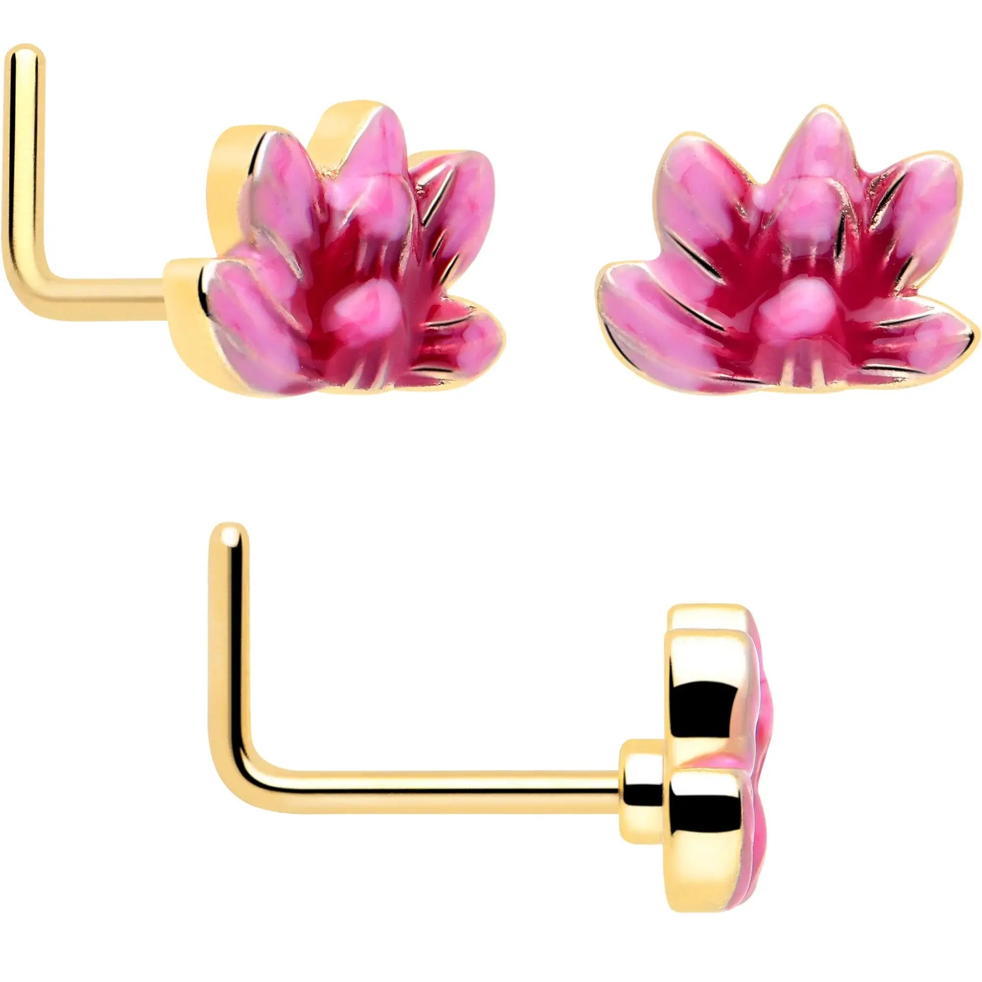 20G Clear Gem Gold Tone Lotus Ladybug L Shape Nose Hoop Set of 3 - BodyCandy - Flyclothing LLC