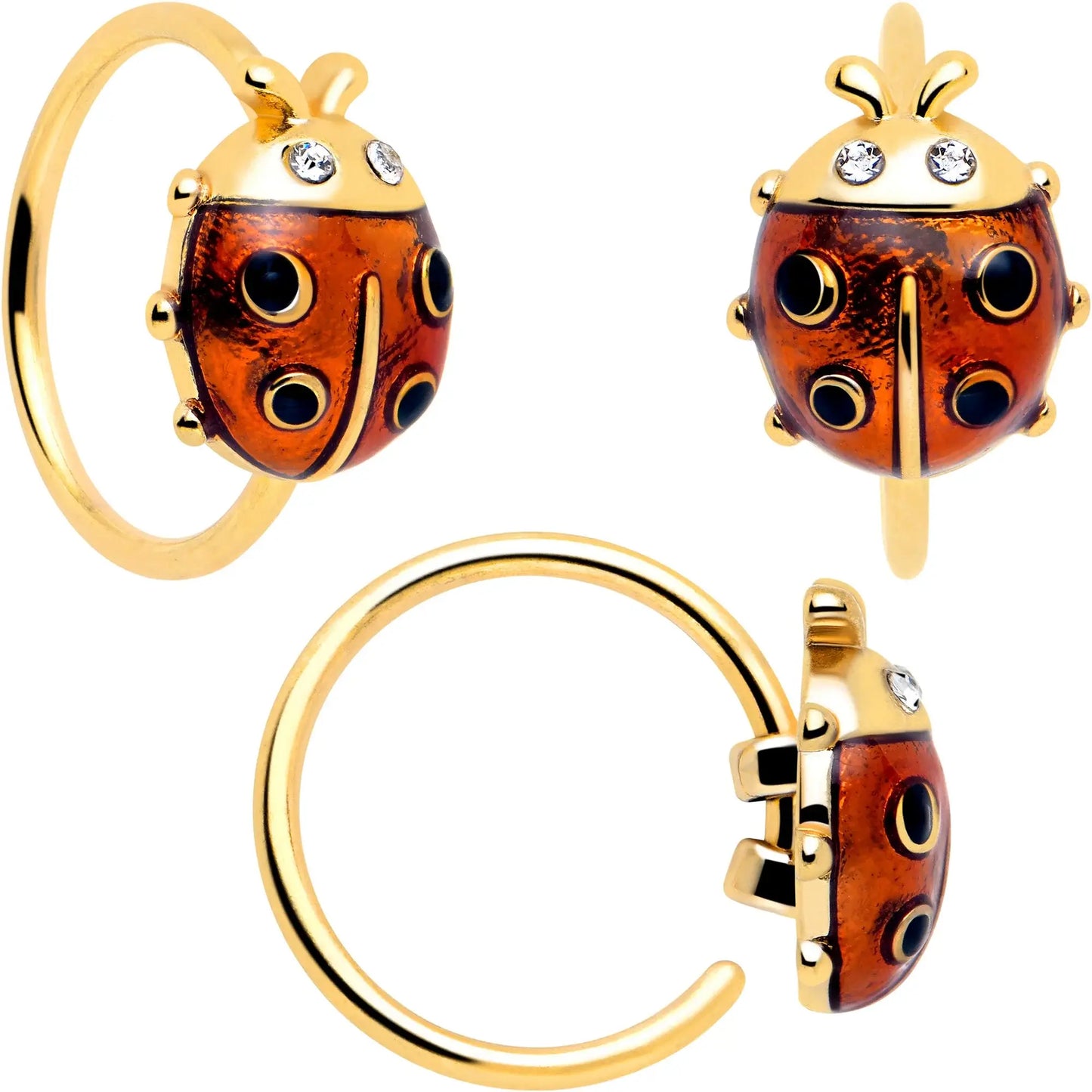 20G Clear Gem Gold Tone Lotus Ladybug L Shape Nose Hoop Set of 3 - BodyCandy - Flyclothing LLC