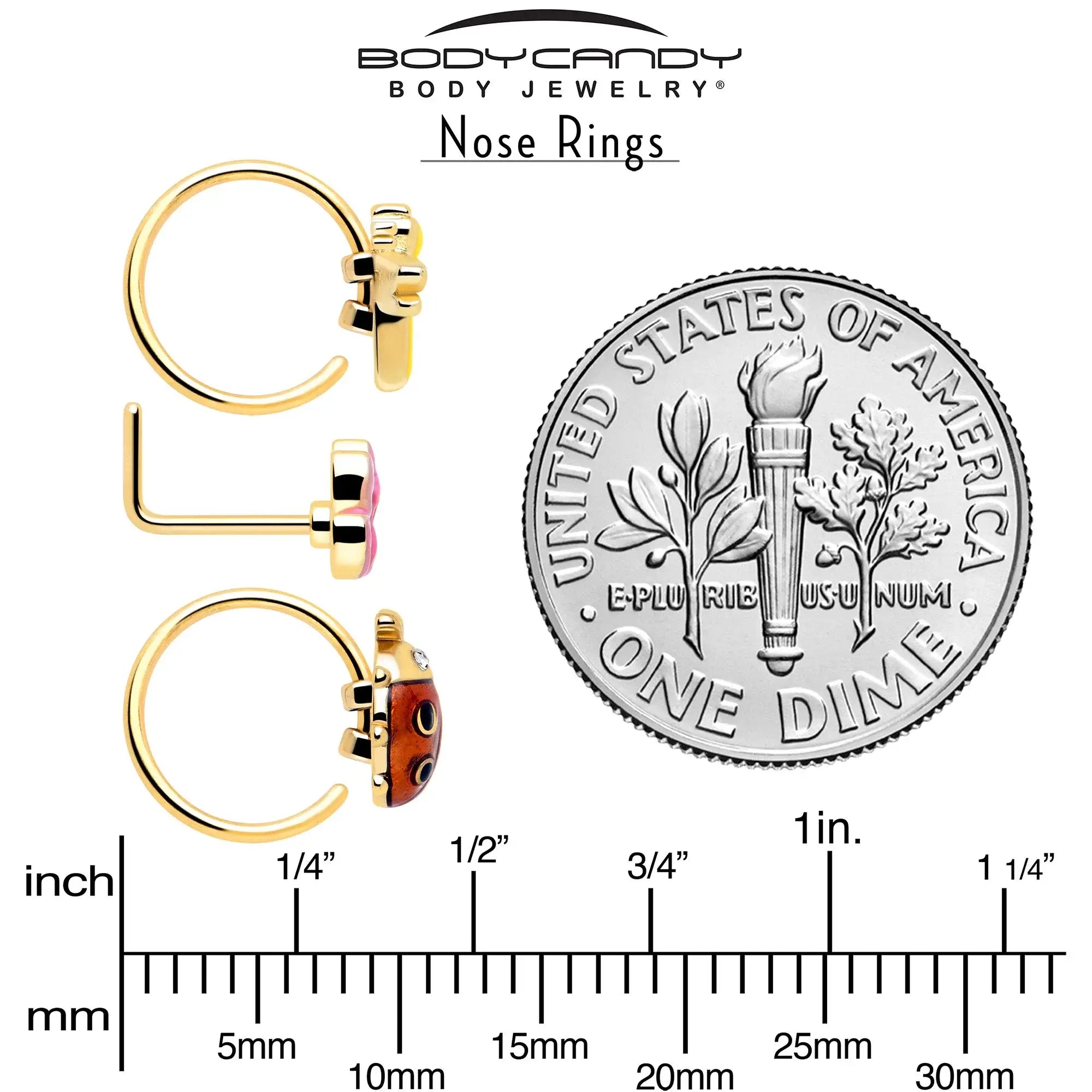 20G Clear Gem Gold Tone Lotus Ladybug L Shape Nose Hoop Set of 3 - BodyCandy - Flyclothing LLC