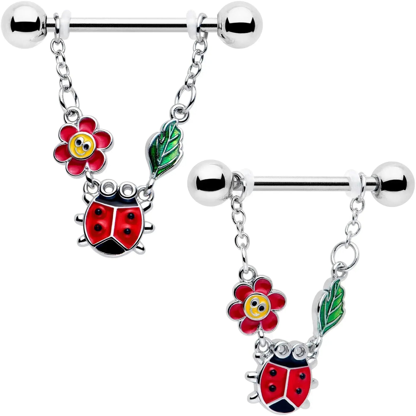 14G 9/16 Ladybug Hippie Flower Chain Dangle Nipple Ring Set - BodyCandy - Flyclothing LLC