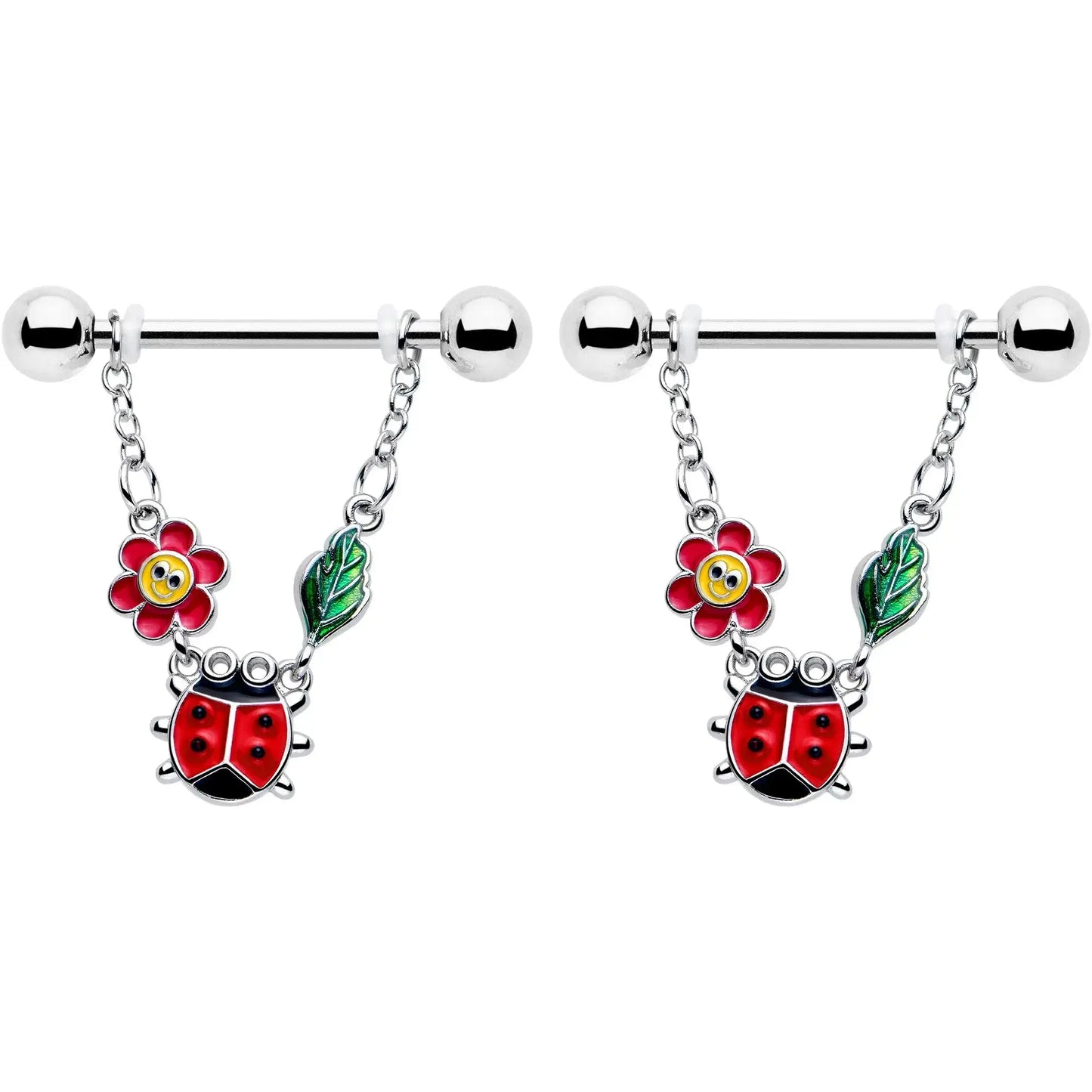 14G 9/16 Ladybug Hippie Flower Chain Dangle Nipple Ring Set - BodyCandy - Flyclothing LLC