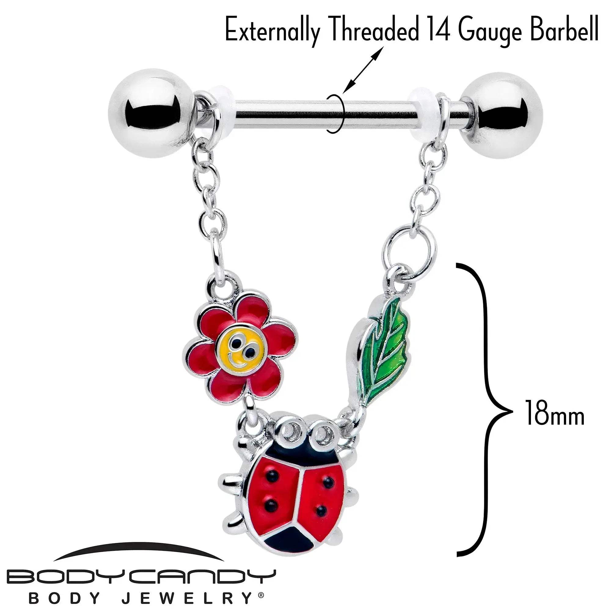 14G 9/16 Ladybug Hippie Flower Chain Dangle Nipple Ring Set - BodyCandy - Flyclothing LLC