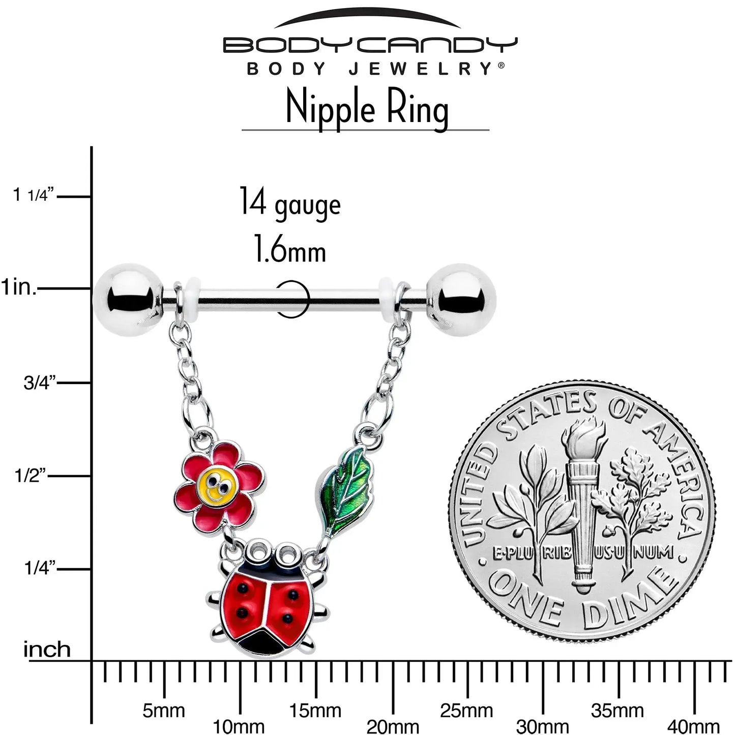 14G 9/16 Ladybug Hippie Flower Chain Dangle Nipple Ring Set - BodyCandy - Flyclothing LLC