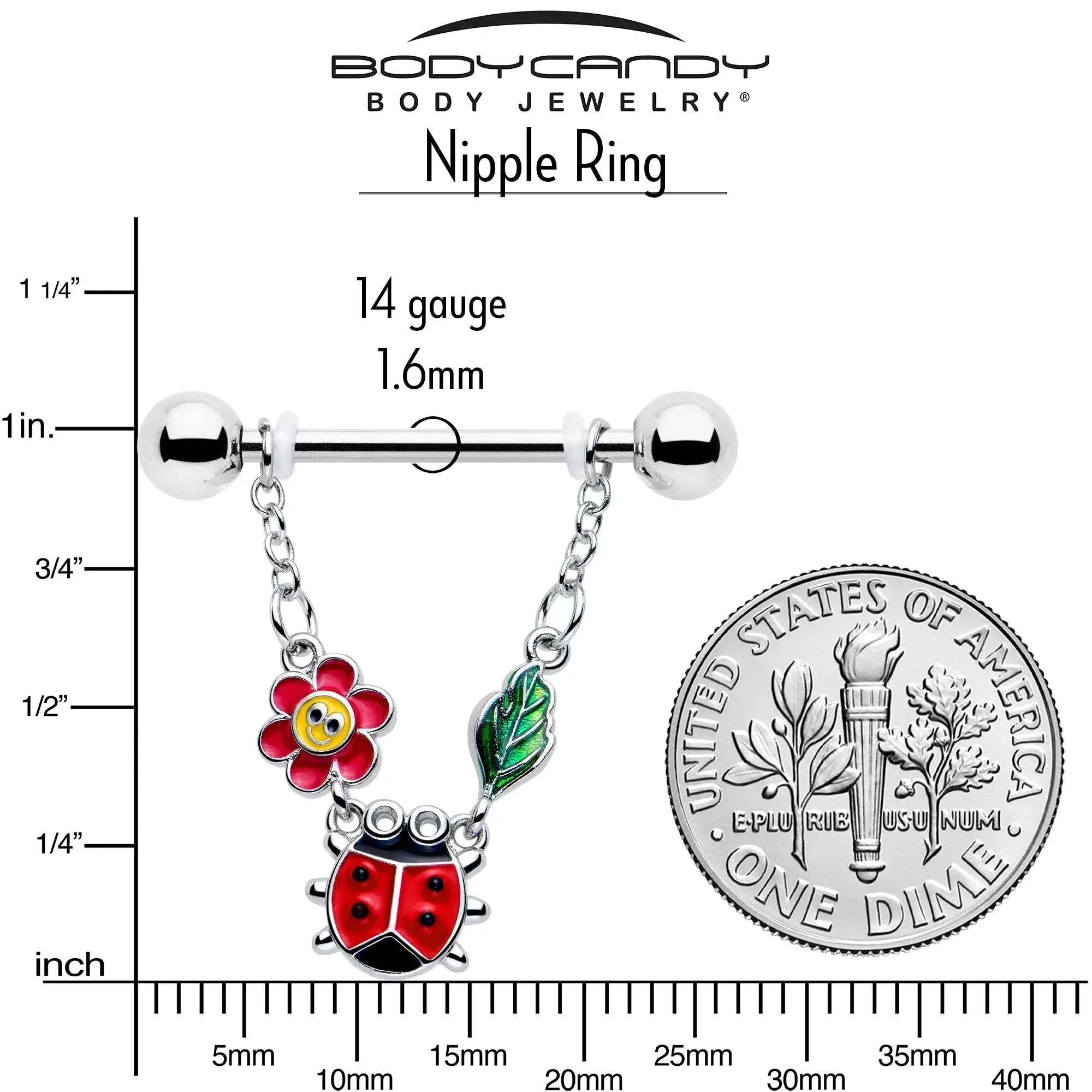 14G 9/16 Ladybug Hippie Flower Chain Dangle Nipple Ring Set - BodyCandy - Flyclothing LLC