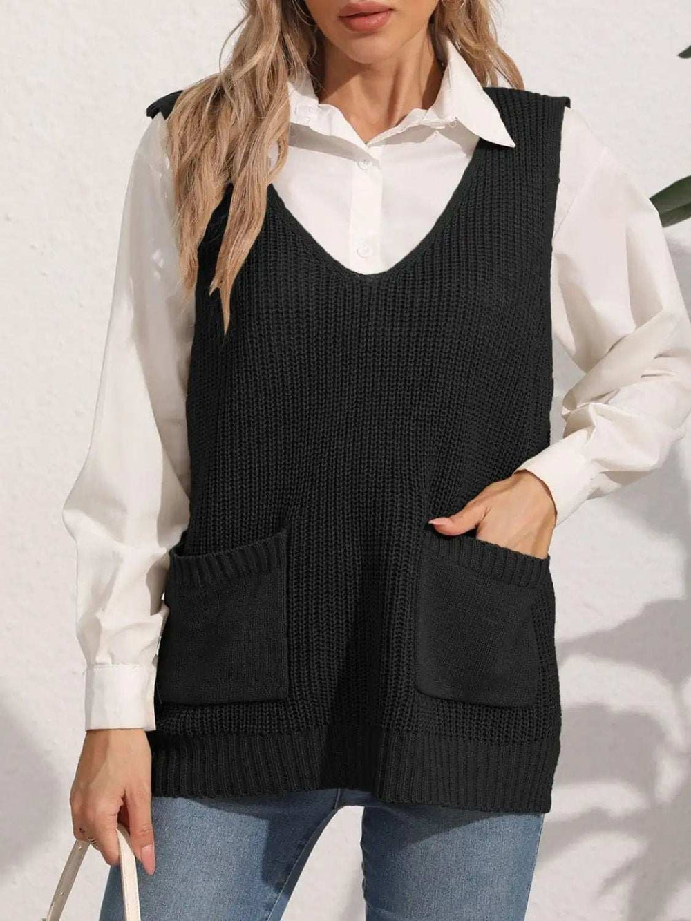 Pocketed V-Neck Sweater Vest - Trendsi - Flyclothing LLC