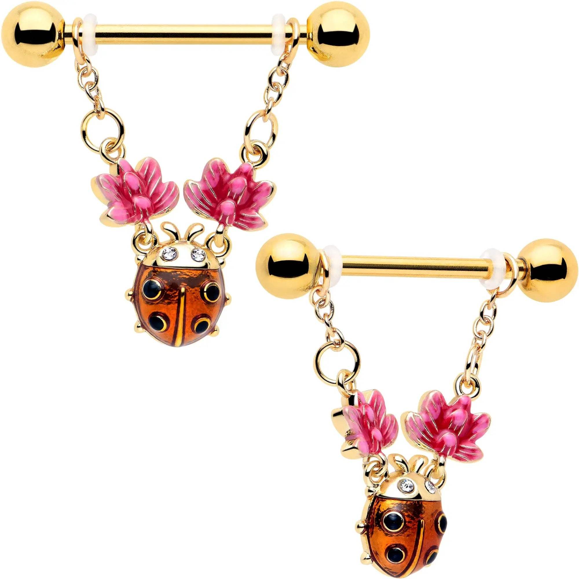 14G 9/16 Clear Gem Gold Tone ladybug Lotus Dangle Nipple Ring Set - BodyCandy - Flyclothing LLC