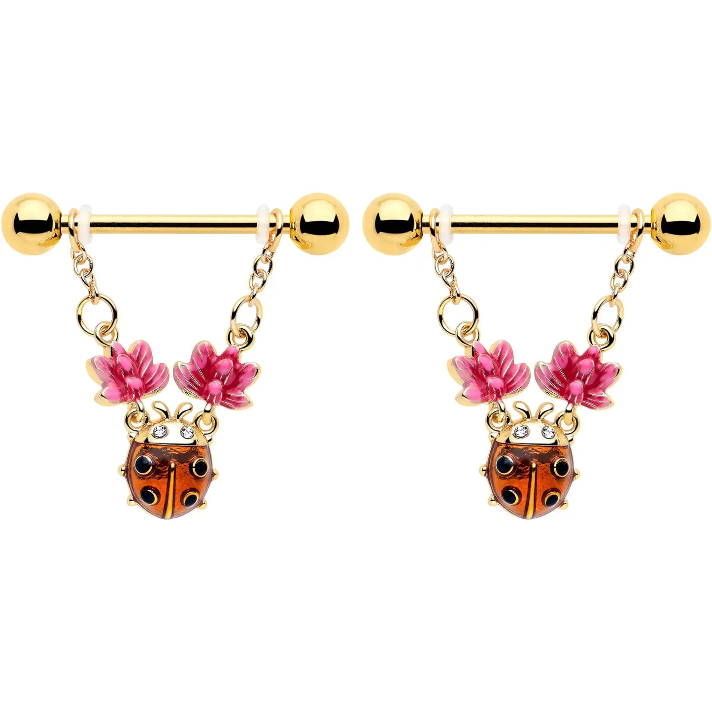 14G 9/16 Clear Gem Gold Tone ladybug Lotus Dangle Nipple Ring Set - BodyCandy - Flyclothing LLC