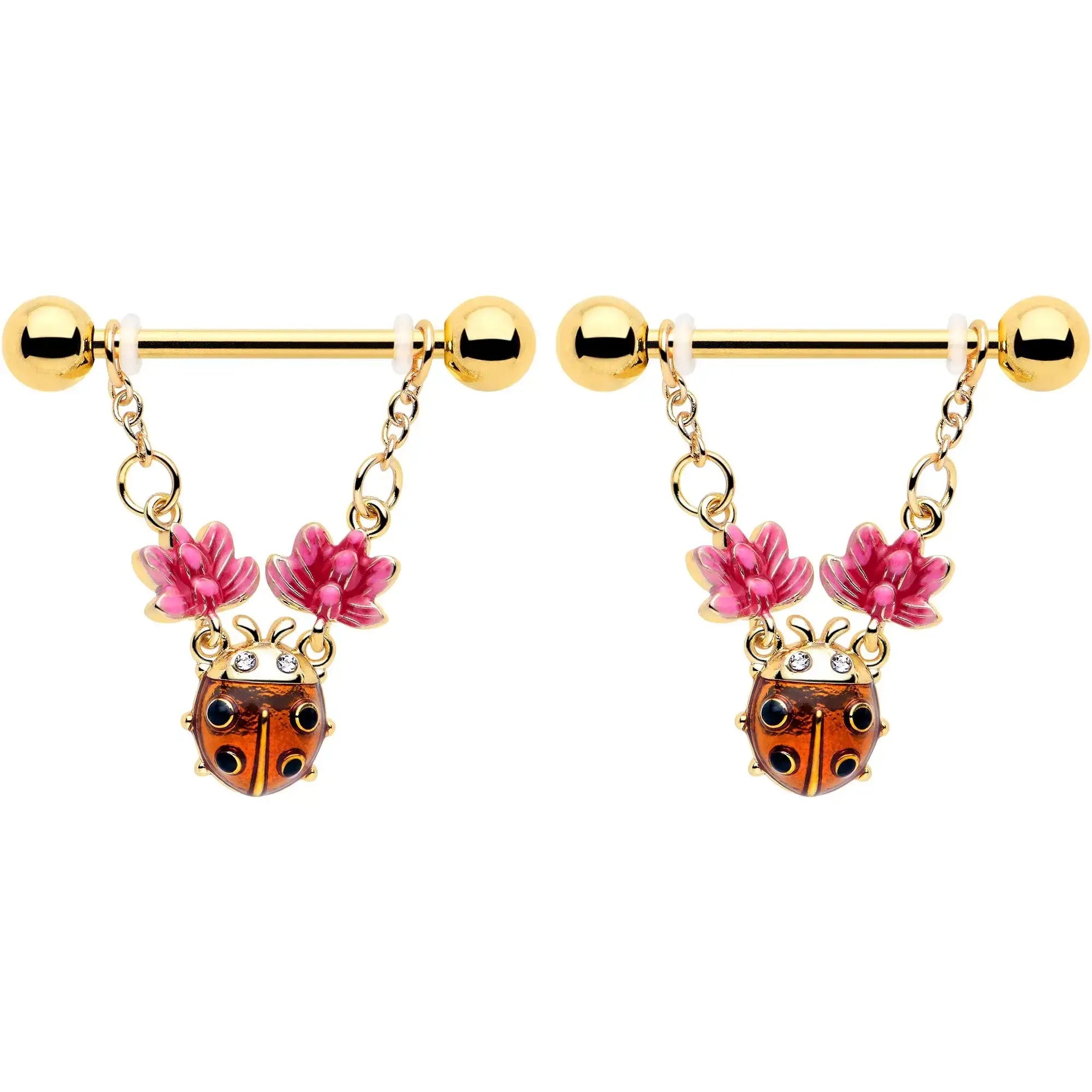 14G 9/16 Clear Gem Gold Tone ladybug Lotus Dangle Nipple Ring Set - BodyCandy - Flyclothing LLC
