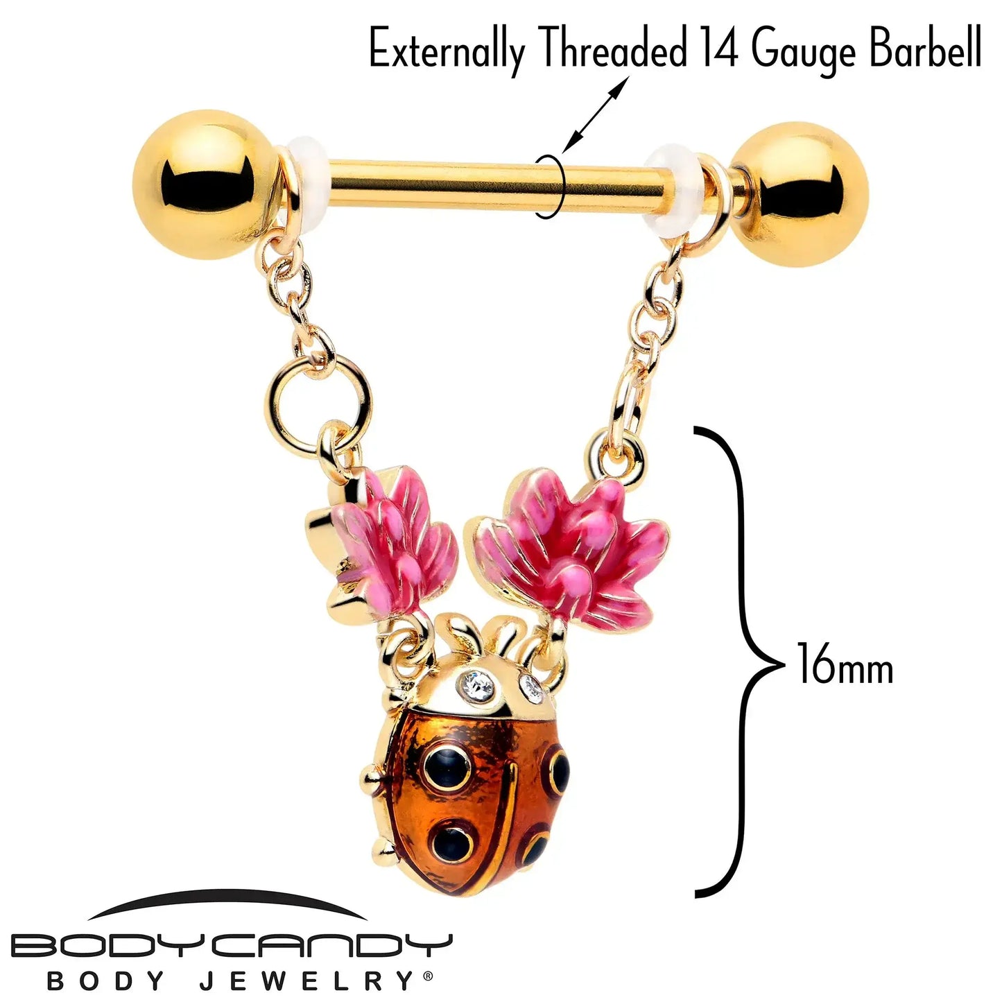 14G 9/16 Clear Gem Gold Tone ladybug Lotus Dangle Nipple Ring Set - BodyCandy - Flyclothing LLC