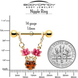14G 9/16 Clear Gem Gold Tone ladybug Lotus Dangle Nipple Ring Set - BodyCandy - Flyclothing LLC