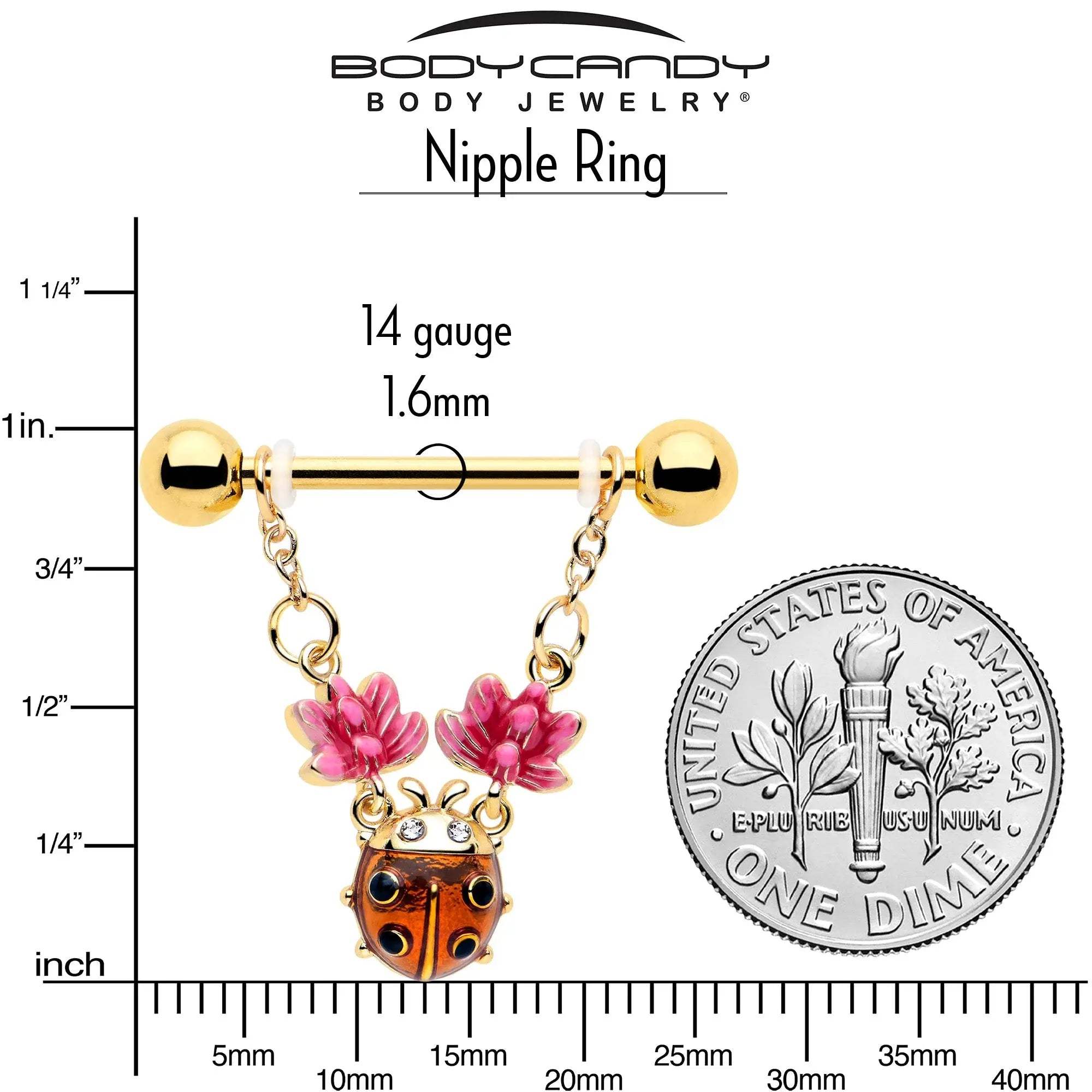 14G 9/16 Clear Gem Gold Tone ladybug Lotus Dangle Nipple Ring Set - BodyCandy - Flyclothing LLC