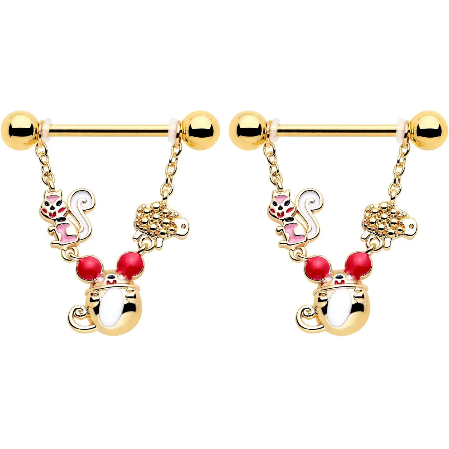 14G 9/16 Gold Tone Mouse Sheep Squirrel Dangle Nipple Ring Set - BodyCandy - Flyclothing LLC