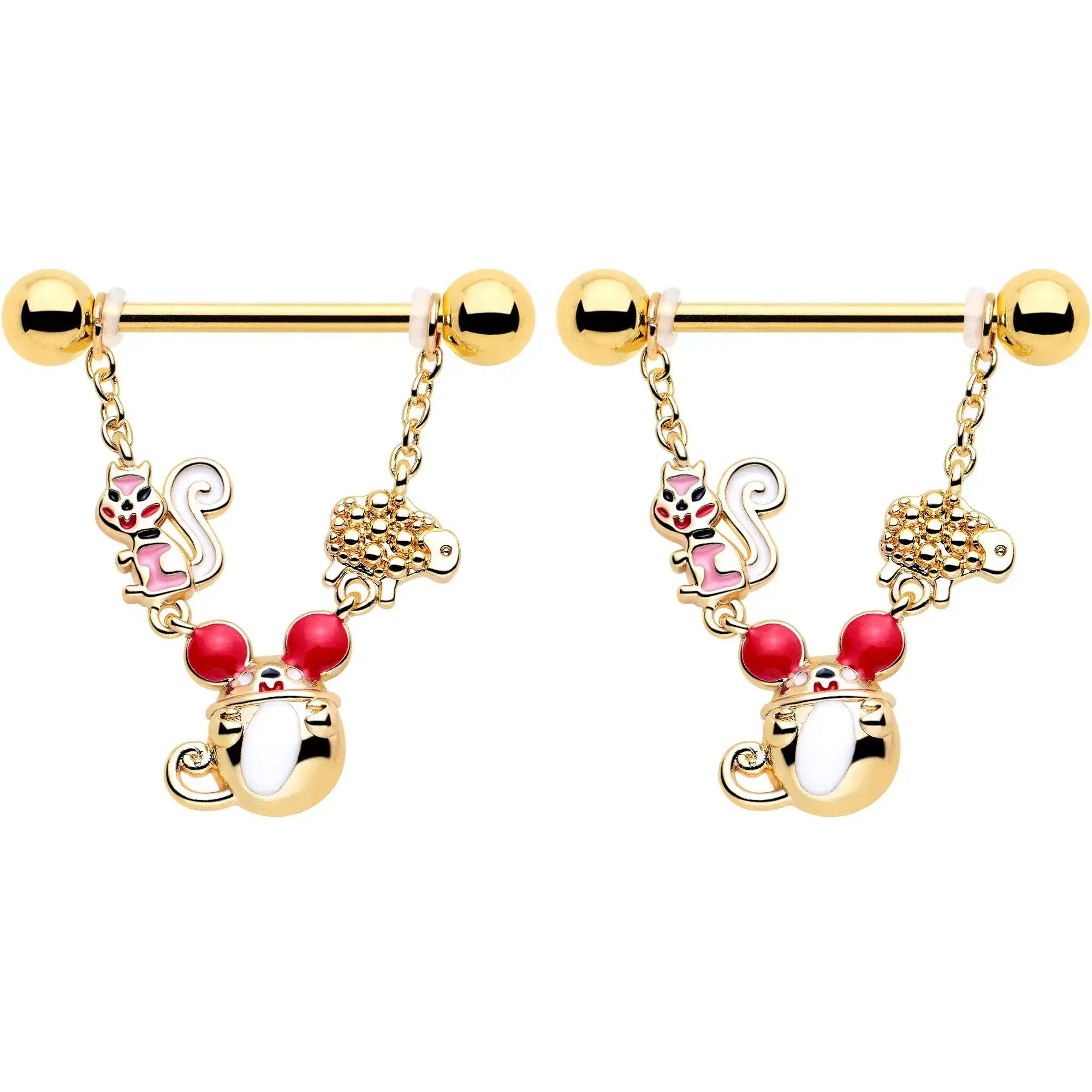 14G 9/16 Gold Tone Mouse Sheep Squirrel Dangle Nipple Ring Set - BodyCandy - Flyclothing LLC