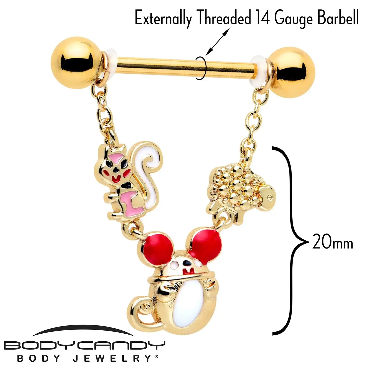 14G 9/16 Gold Tone Mouse Sheep Squirrel Dangle Nipple Ring Set - BodyCandy - Flyclothing LLC