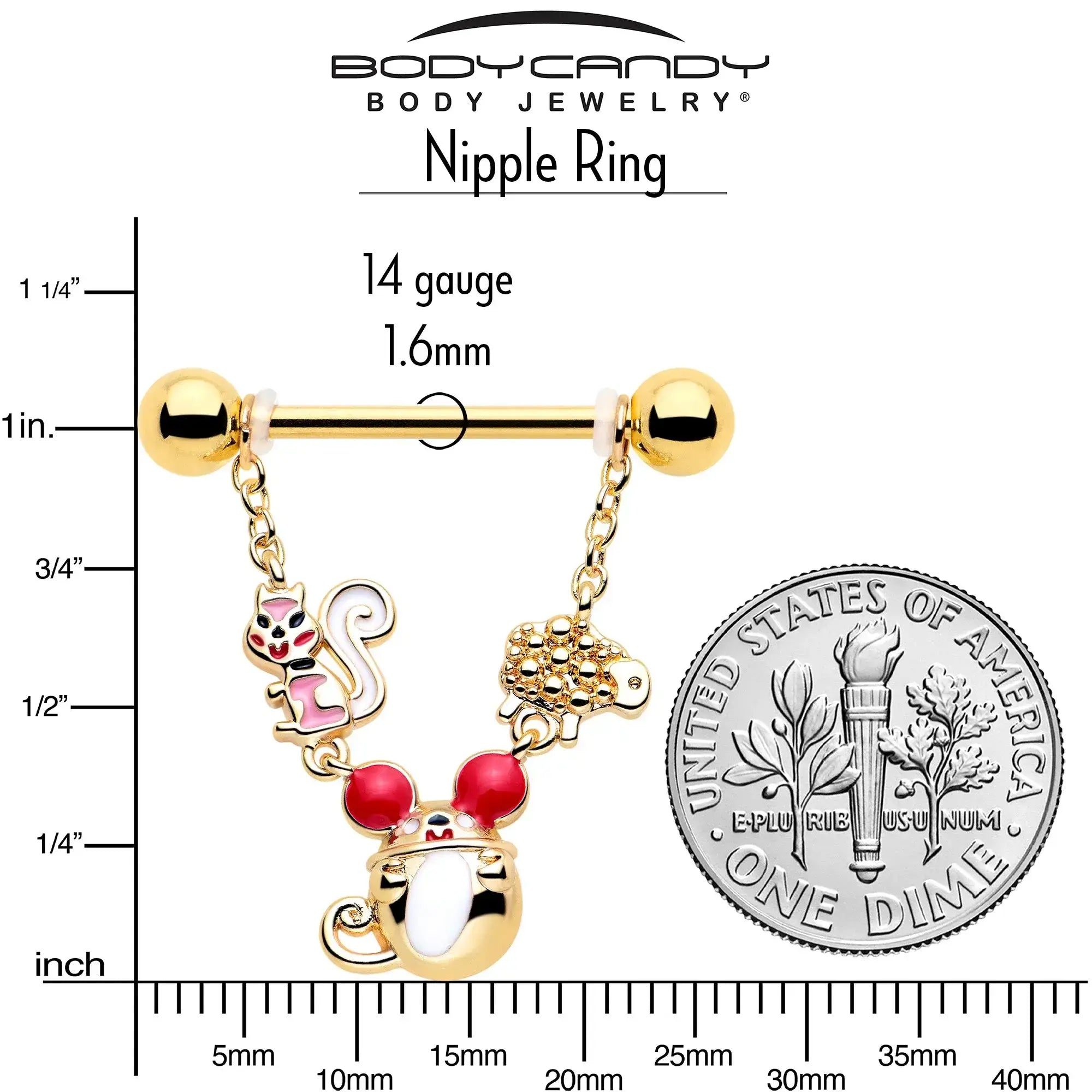 14G 9/16 Gold Tone Mouse Sheep Squirrel Dangle Nipple Ring Set - BodyCandy - Flyclothing LLC
