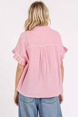 Mittoshop Mineral Washed Button Down Flounce Sleeve Shirt - Trendsi - Flyclothing LLC