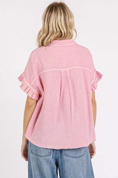 Mittoshop Mineral Washed Button Down Flounce Sleeve Shirt - Trendsi - Flyclothing LLC