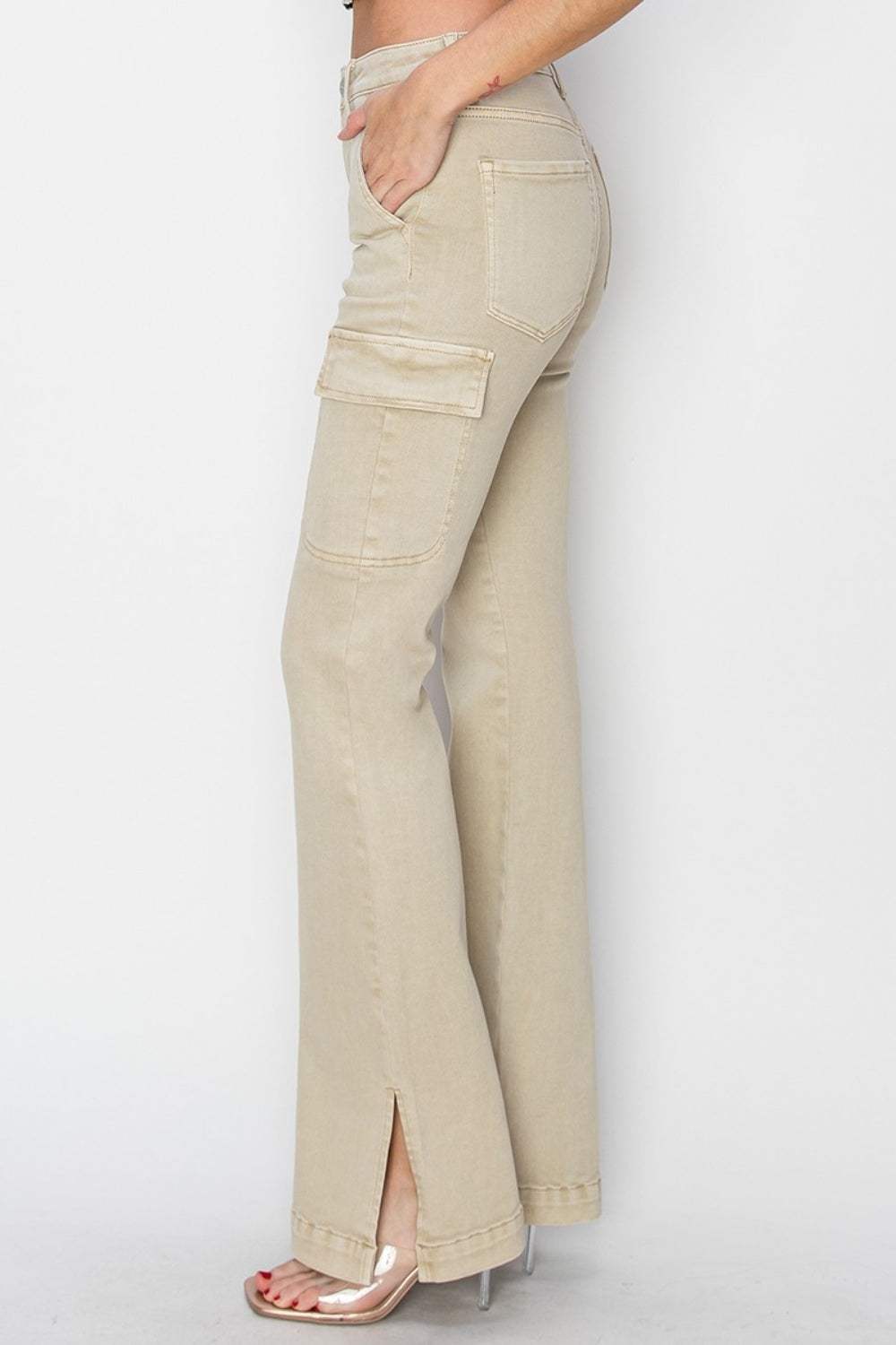 RISEN Full Size High Rise Side Slit Cargo Bootcut Jeans - Trendsi - Flyclothing LLC