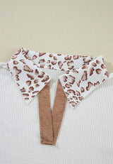 Waffle-Knit Leopard Johnny Collar Long Sleeve Top - Trendsi - Flyclothing LLC