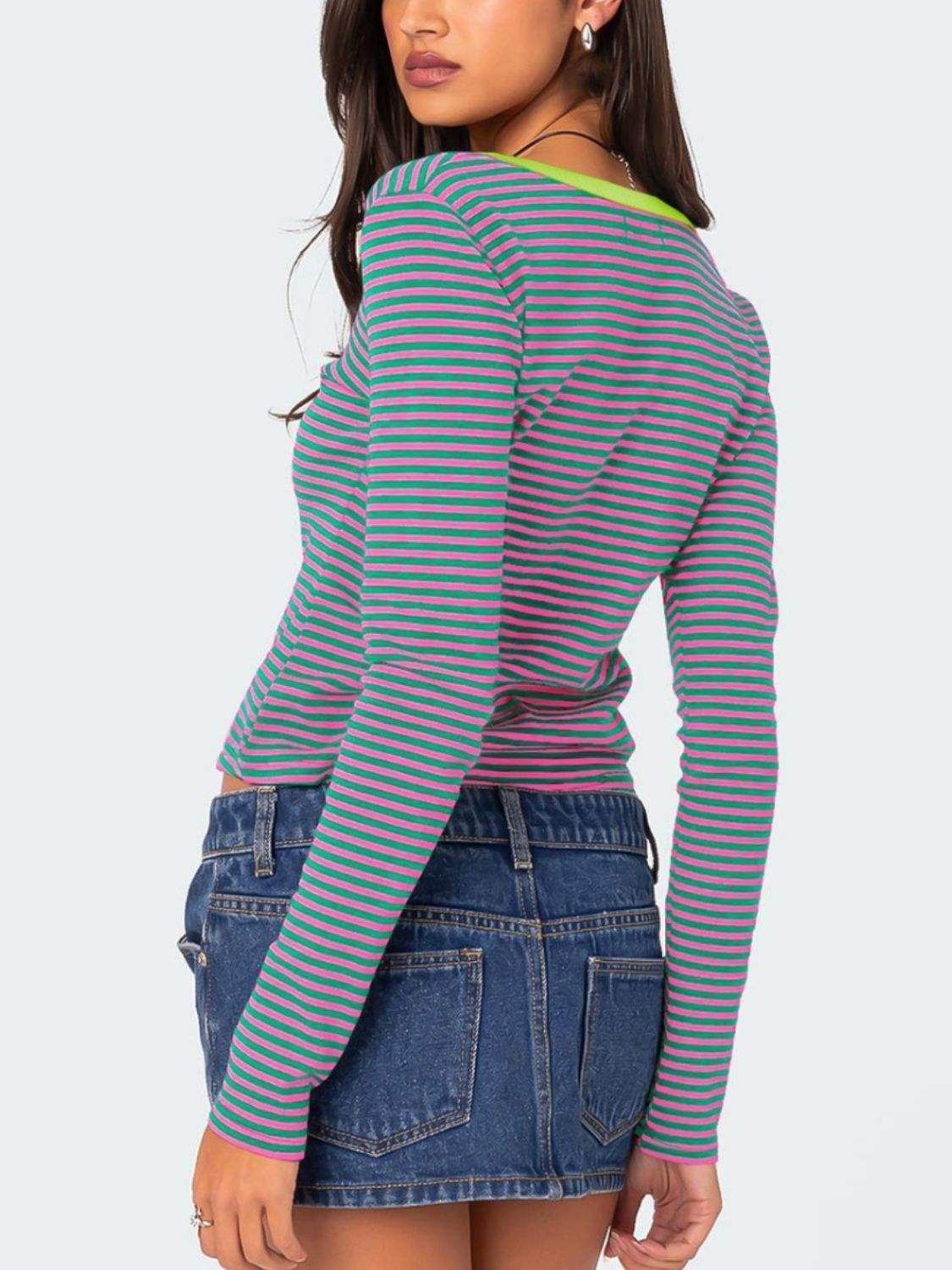 Buttoned Striped Long Sleeve T-Shirt - Trendsi - Flyclothing LLC