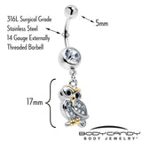 Clear Gem Evening Owl Dangle Belly Ring - BodyCandy - Flyclothing LLC