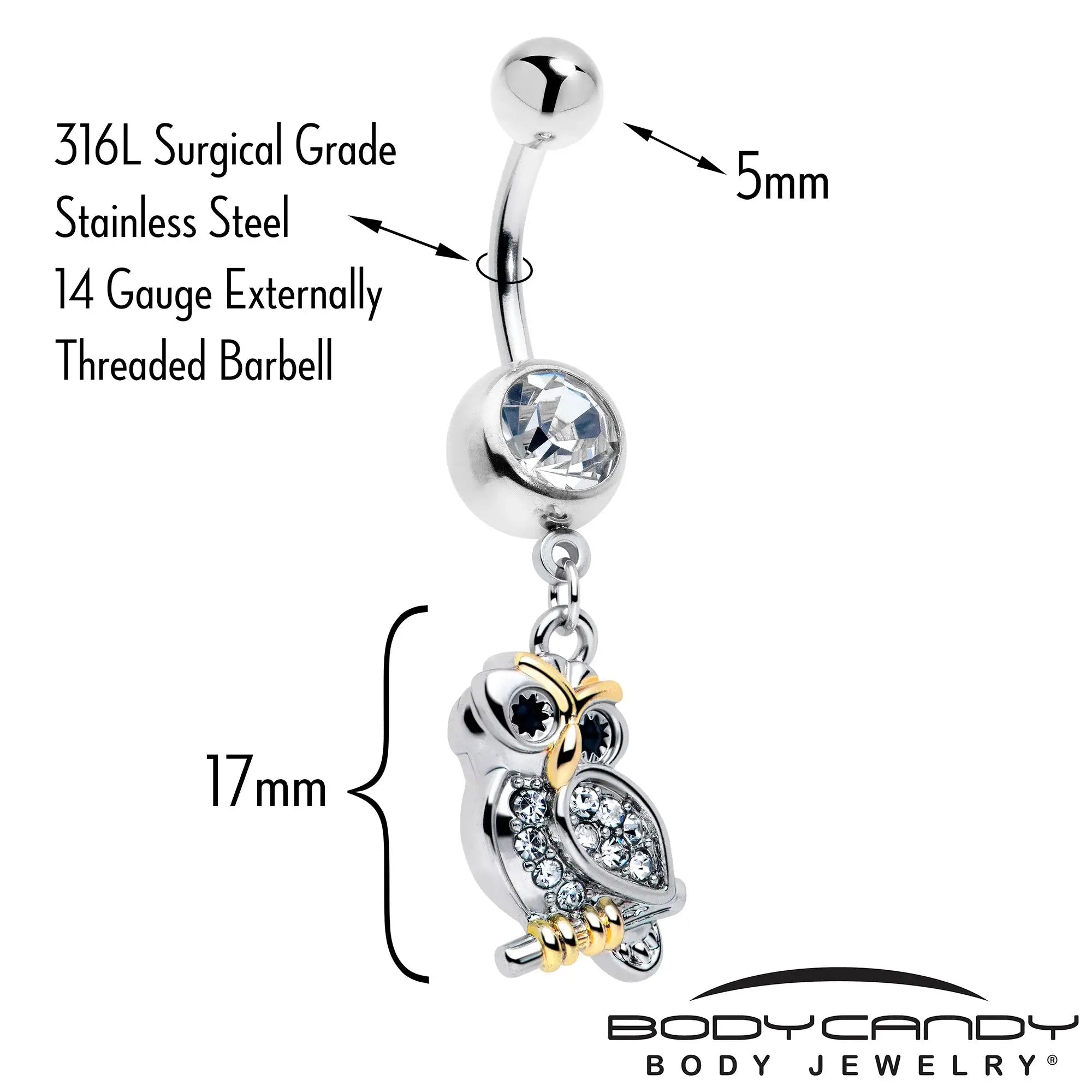 Clear Gem Evening Owl Dangle Belly Ring - BodyCandy - Flyclothing LLC