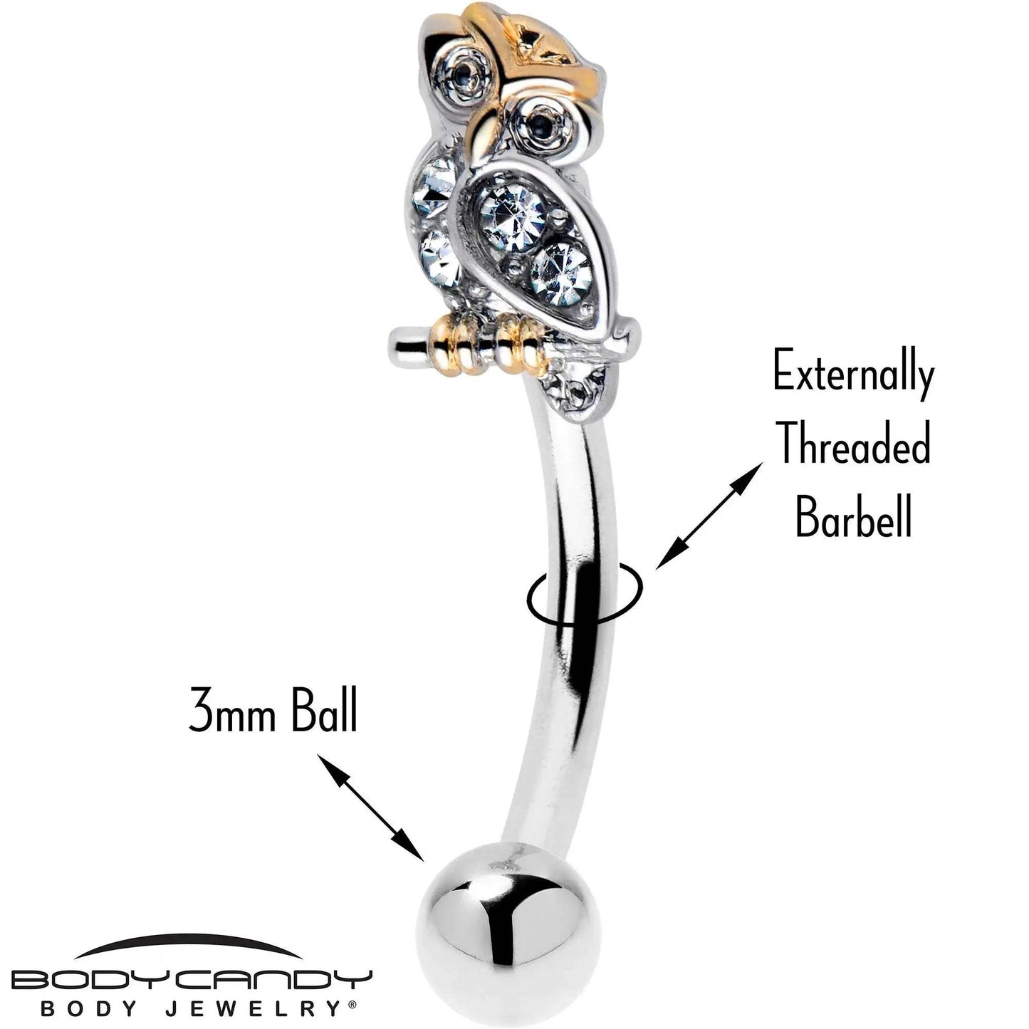 16G 5/16 Clear Gem Evening Owl Curved Eyebrow Ring - BodyCandy - Flyclothing LLC