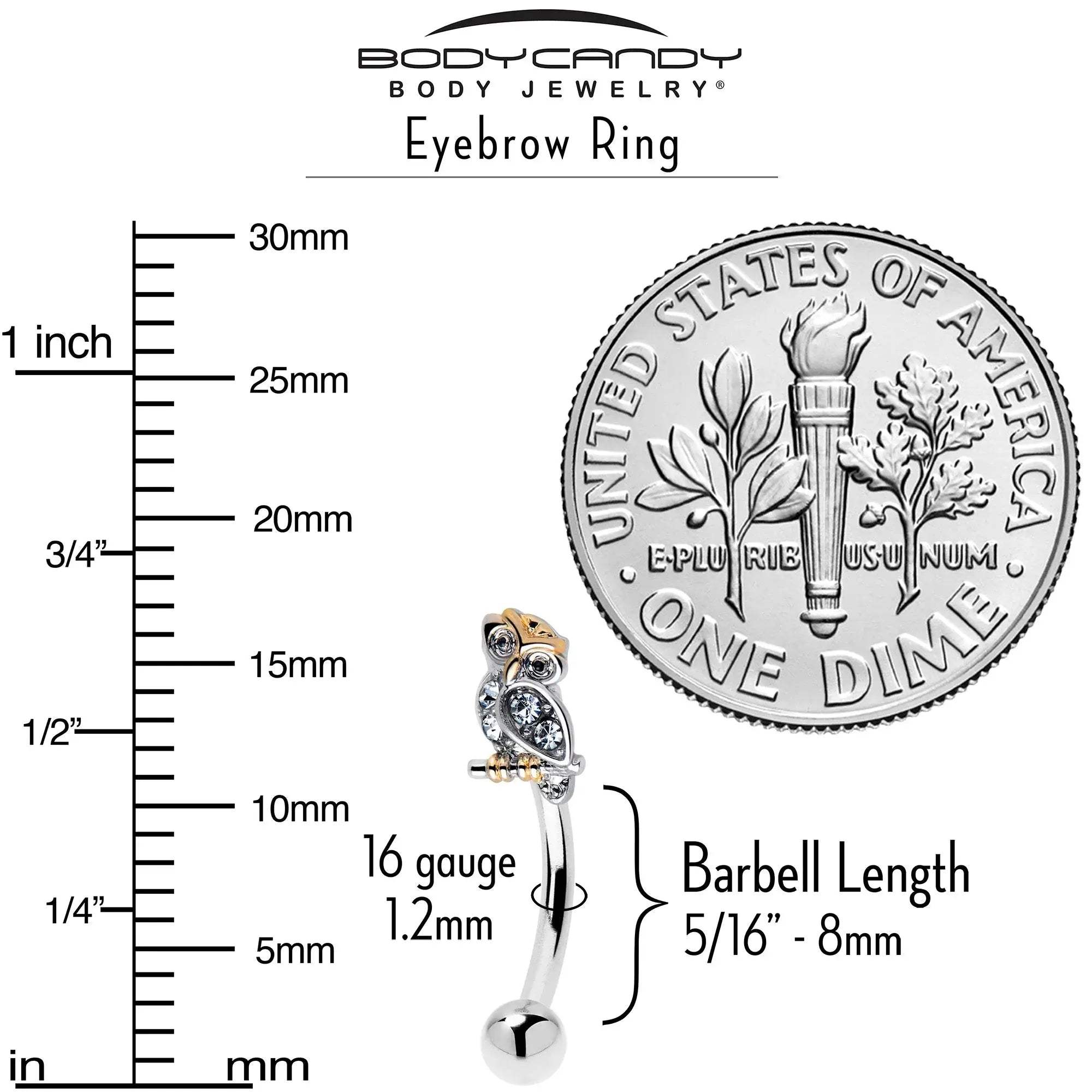 16G 5/16 Clear Gem Evening Owl Curved Eyebrow Ring - BodyCandy - Flyclothing LLC