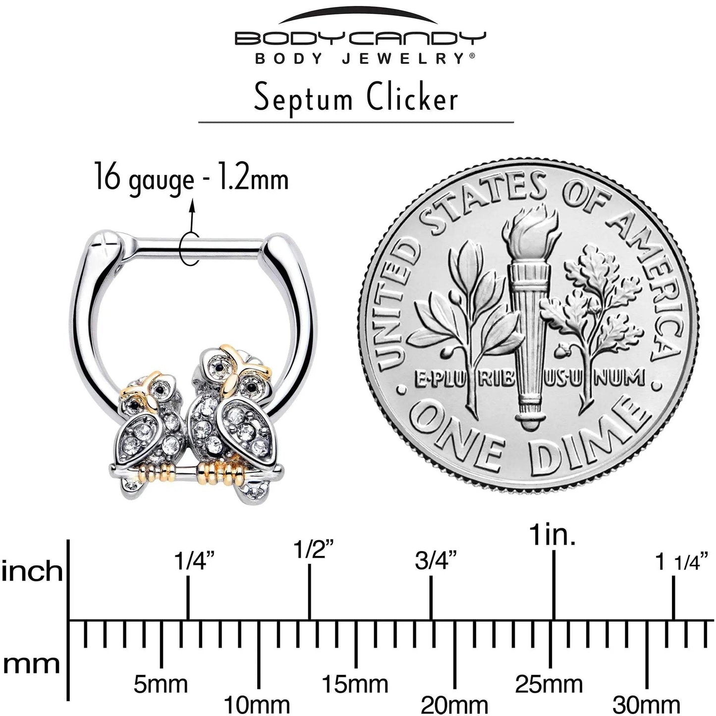 16G 5/16 Clear Gem Evening Owls Cartilage Clicker - BodyCandy - Flyclothing LLC