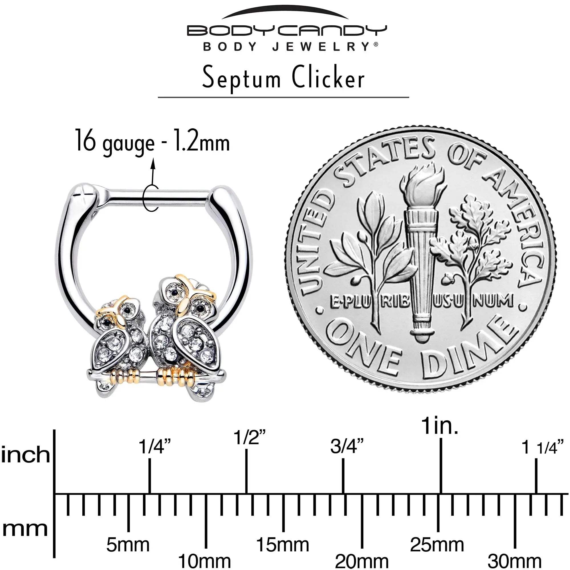 16G 5/16 Clear Gem Evening Owls Cartilage Clicker - BodyCandy - Flyclothing LLC