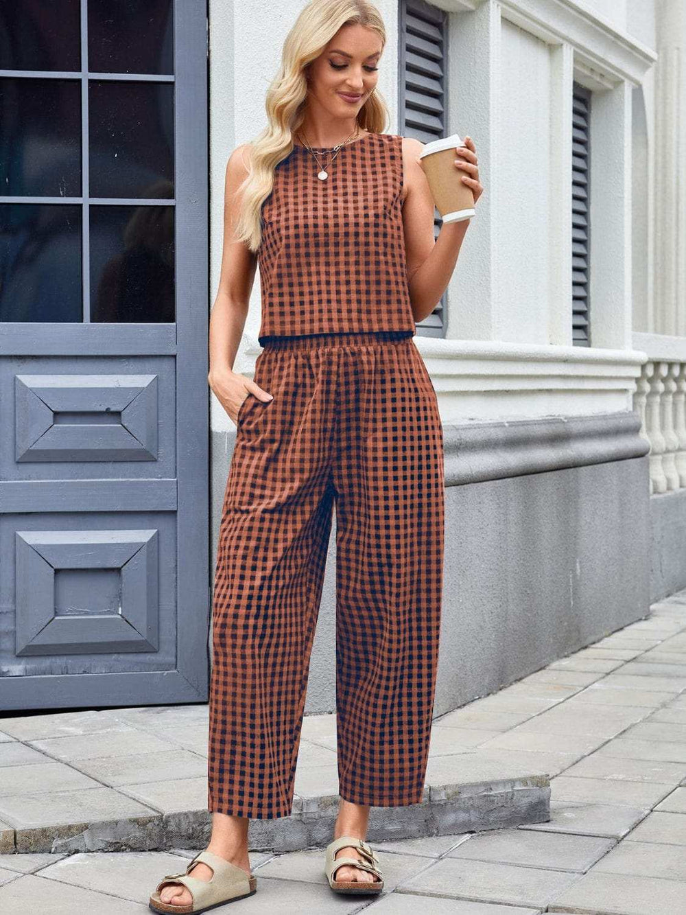 Plaid Sleeveless Top and Pants Set - Trendsi - Flyclothing LLC