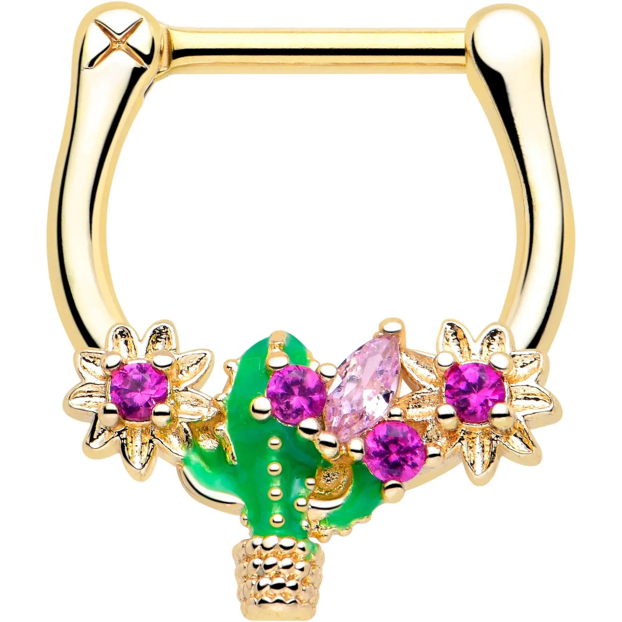 16G 5/16 Pink CZ Gem Gold Tone Floral Cactus Cartilage Clicker - BodyCandy - Flyclothing LLC