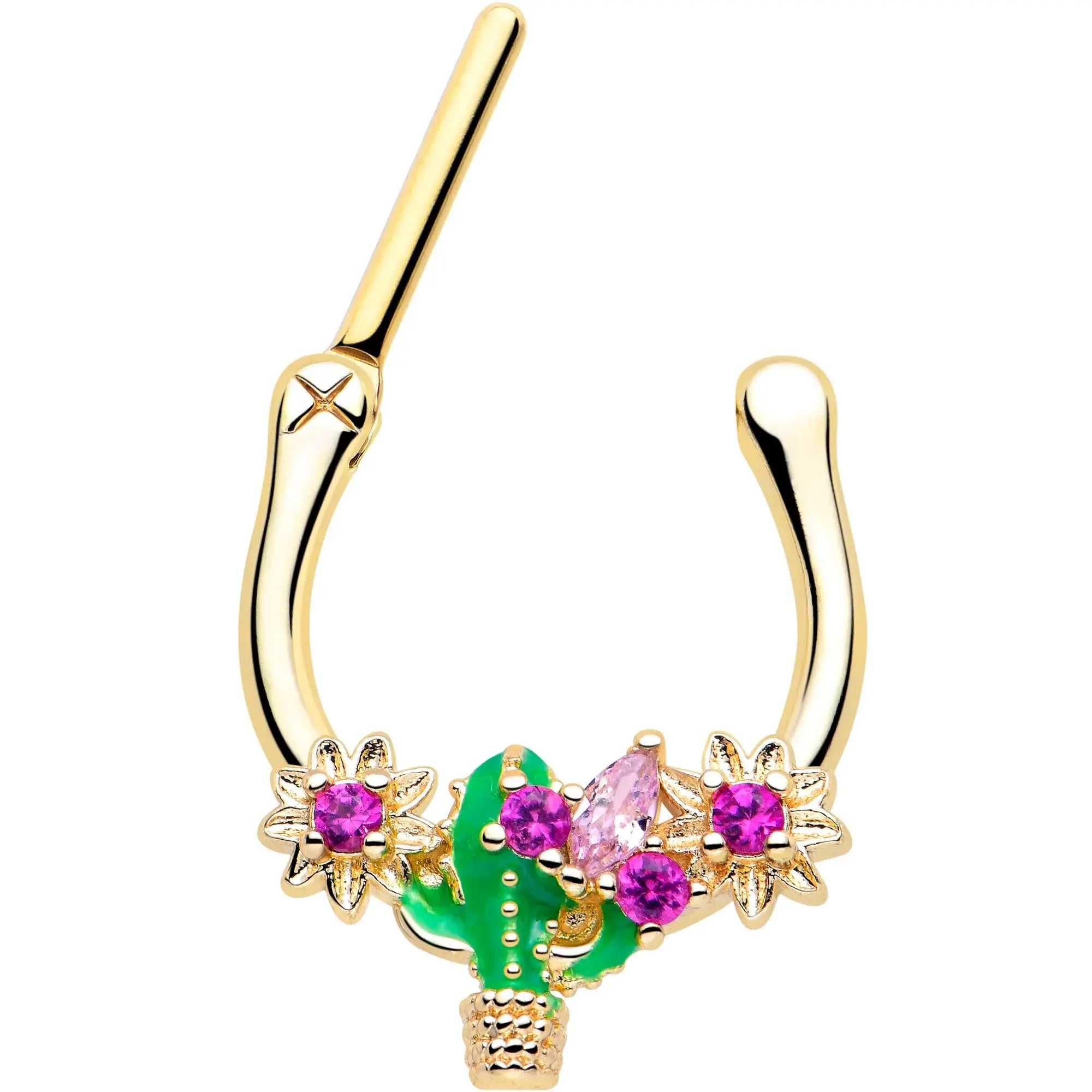 16G 5/16 Pink CZ Gem Gold Tone Floral Cactus Cartilage Clicker - BodyCandy - Flyclothing LLC