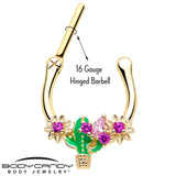 16G 5/16 Pink CZ Gem Gold Tone Floral Cactus Cartilage Clicker - BodyCandy - Flyclothing LLC