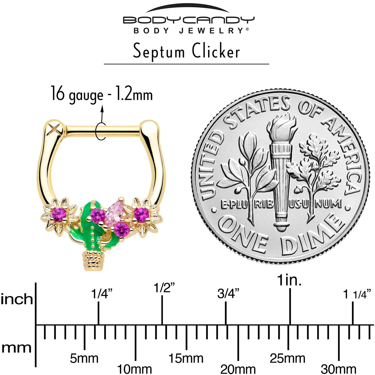 16G 5/16 Pink CZ Gem Gold Tone Floral Cactus Cartilage Clicker - BodyCandy - Flyclothing LLC