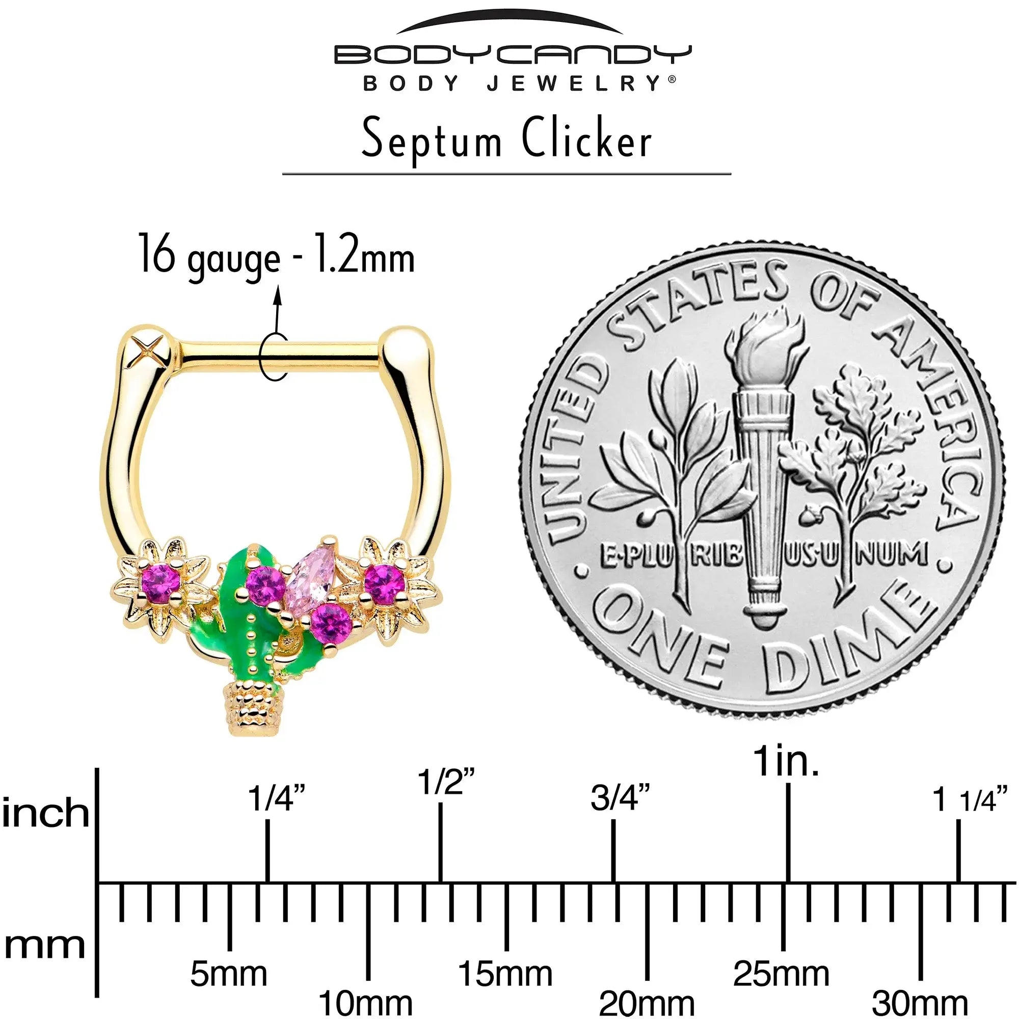 16G 5/16 Pink CZ Gem Gold Tone Floral Cactus Cartilage Clicker - BodyCandy - Flyclothing LLC