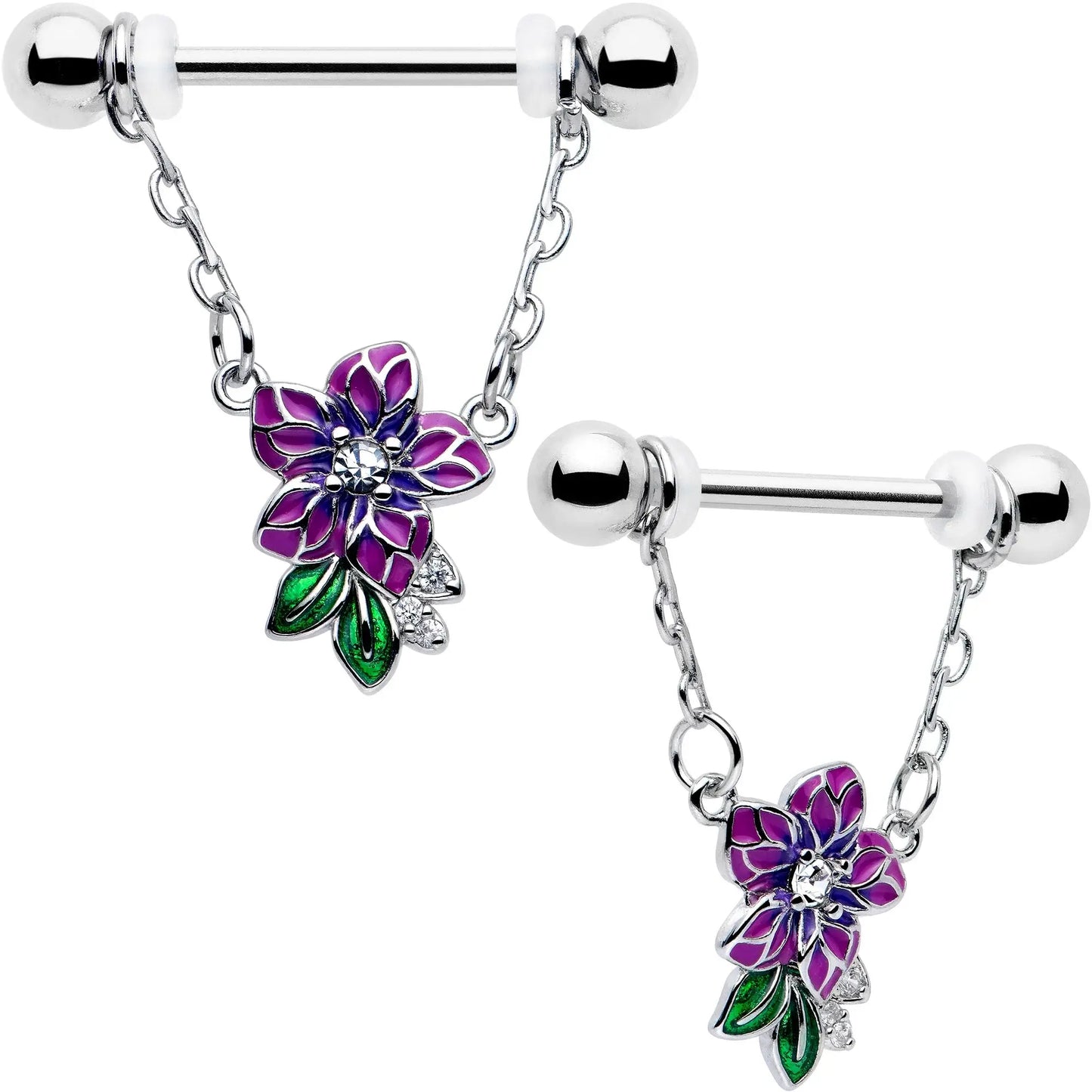 14G 9/16 Clear CZ Gem Flower Purple Chain Dangle Nipple Ring Set - BodyCandy - Flyclothing LLC