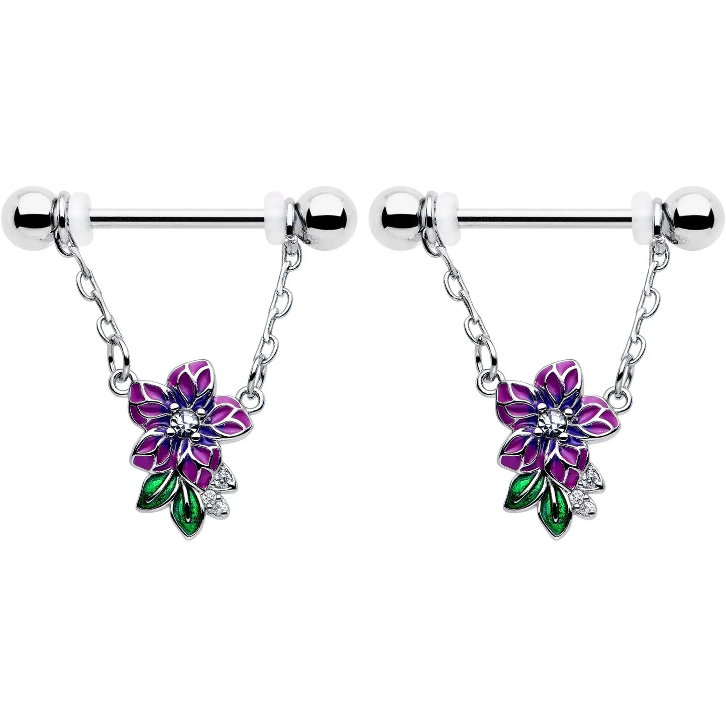 14G 9/16 Clear CZ Gem Flower Purple Chain Dangle Nipple Ring Set - BodyCandy - Flyclothing LLC