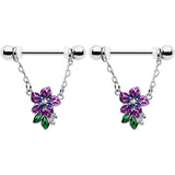 14G 9/16 Clear CZ Gem Flower Purple Chain Dangle Nipple Ring Set - BodyCandy - Flyclothing LLC