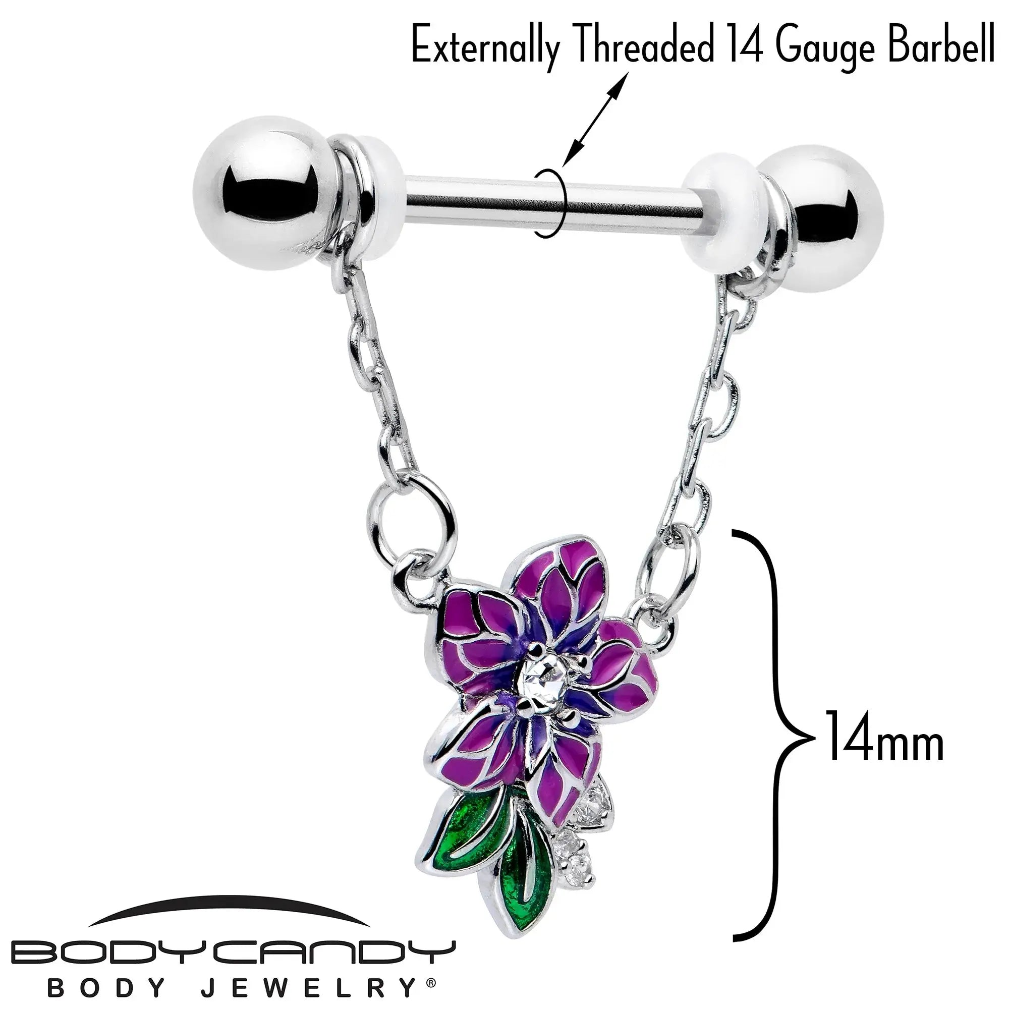 14G 9/16 Clear CZ Gem Flower Purple Chain Dangle Nipple Ring Set - BodyCandy - Flyclothing LLC