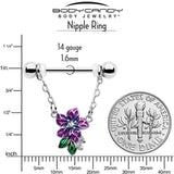 14G 9/16 Clear CZ Gem Flower Purple Chain Dangle Nipple Ring Set - BodyCandy - Flyclothing LLC
