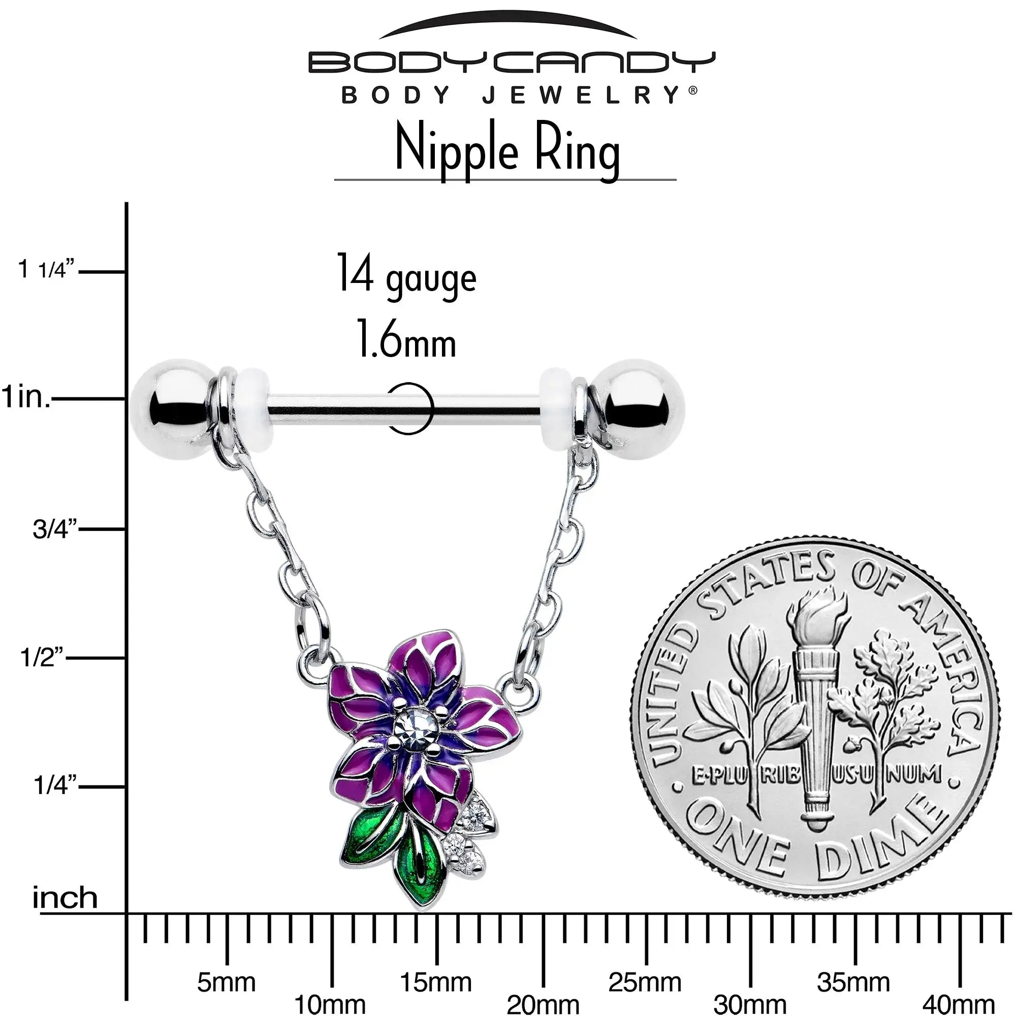 14G 9/16 Clear CZ Gem Flower Purple Chain Dangle Nipple Ring Set - BodyCandy - Flyclothing LLC
