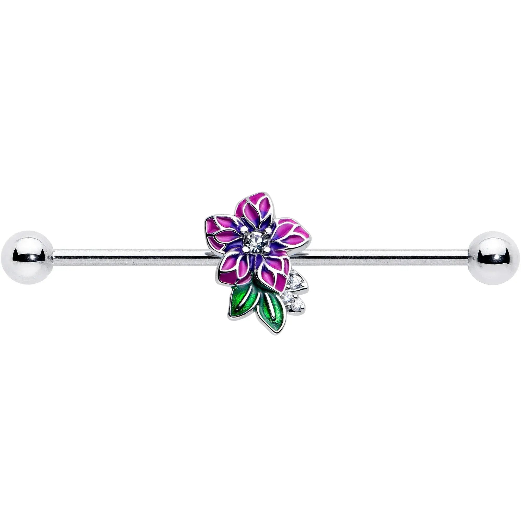 14G Clear CZ Gem Flower Purple Industrial Barbell 38mm - BodyCandy - Flyclothing LLC