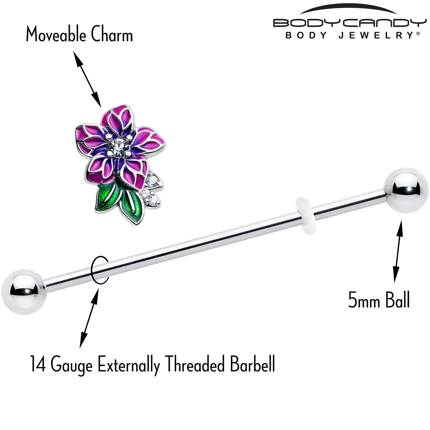 14G Clear CZ Gem Flower Purple Industrial Barbell 38mm - BodyCandy - Flyclothing LLC