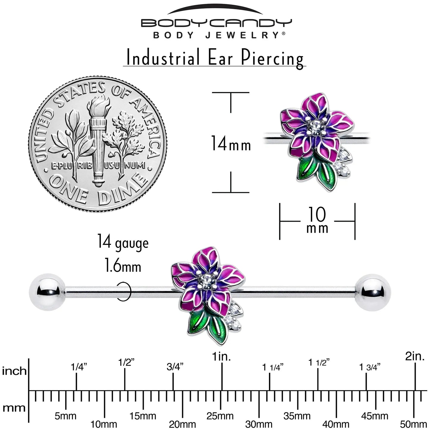 14G Clear CZ Gem Flower Purple Industrial Barbell 38mm - BodyCandy - Flyclothing LLC